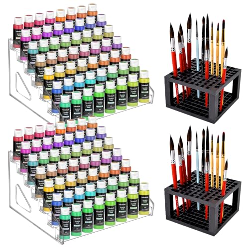 Image of 2 Pack 7-Layer Clear Acrylic Paint Holder Storage & Brush Holder Organizer | Easy Assemble Miniature Hobby Paint Bottle Rack for Model Paints, Small Airbrush Nail Polish Supply, Alcohol Ink Display