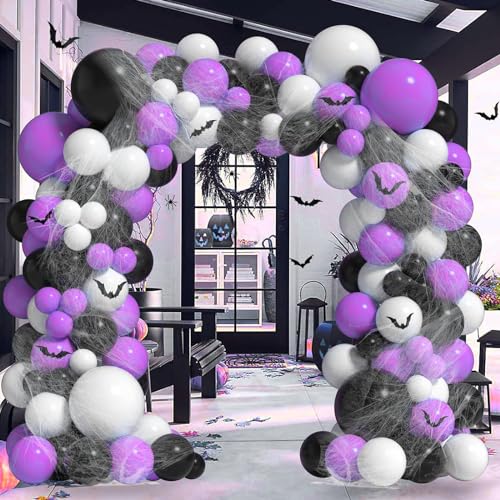 Image of Rozi Decoration Halloween Balloons Garland Kit Pack of 93 Pcs | Purple, White & Black Metallic Balloons with Spider Web Decorations, 5M Arch & Glue Dots for Halloween Party Decor at Home & Garden