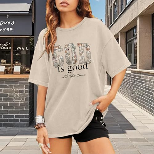 Image of Christian God is Good Shirts for Women Jesus Faith Religious T Shirts Floral Graphic Oversized Acid Washed Tee Tops