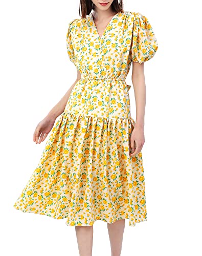 Image of Shineflow Women's Short Sleeve V-Neck 3 /4 Sleeve Button Up Chiffon Floral Pleated Midi Swing Dress with Belt