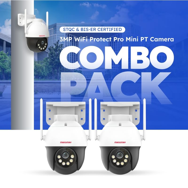 Image of MANOMAY Protect Pro 3MP Mini Wi-Fi Pan Tilt Camera (Pack of 2) [STQC Certified] 360 Smart Home CCTV, AI Human Tracking, Color Night Vision, 2-Way Audio, Alexa, IP66, 256GB Memory Card Support M1095S