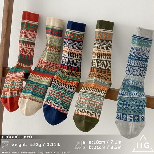 Image of IIG 3-5 Pairs Womens Vintage Cozy Crew Socks Soft Cute Neutral Cotton Socks Exquisite Patterns Socks Gift