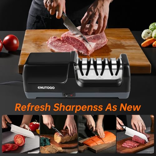 Image of Enutogo Knife Sharpener, Professional 3-Stage Electric Knife Sharpener for Kitchen Knives, 100% Diamond Abrasive for 20 Precision Angle Guide, Quickly Sharpening and Polish Blades