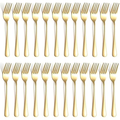 Gold Salad Forks with Silverware, KITWARE Fork Silverware Set of 24 Pieces, Stainless Steel Utensil Cutlery, Mirror Polished Tableware, Kitchen Essentials Cover