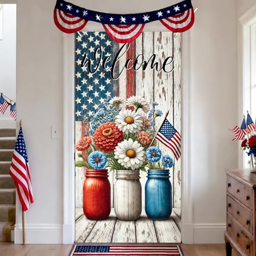 Image of BlissYard Patriotic Welcome Door Cover 71x35 Inch 4th of July Front Door Cover Decoration American Flag Floral Door Banner Red White Blue Daisy Independence Day Porch Door Cover