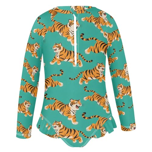 Tiger Pattern Girls Long Sleeve Swimsuit Rash Guard One Piece Bathing Suits Zipper 3-12T2