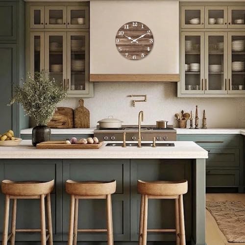 Image of XFM Brown Wooden Wall Clock Battery Operated 14 Inch | Silent Non-Ticking Vintage Farmhouse Rustic Decorative for Kitchen Living Room Office