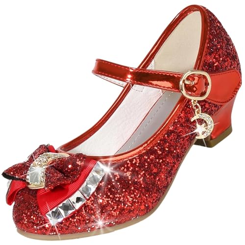 Jasmeko Zapatos Tacon Niña Disfraz Princesa Zapatillas de Lentejuelas Baile para Vestir Fiesta Boda Comunion (5 Red,33)