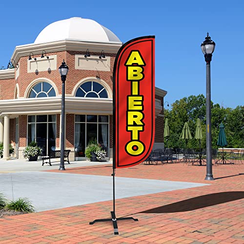 Image of LookOurWay Feather Flag Set - 5ft Tall Advertising Banner Flag with Pole Kit and X-Stand for Business Promotion - Abierto