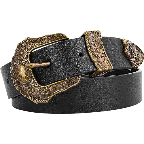 NPET Women Leather Belt, Western Vintage Waist Belt for Jeans Dresses Jeans Pants Fashion with Floral Metal Buckle Black