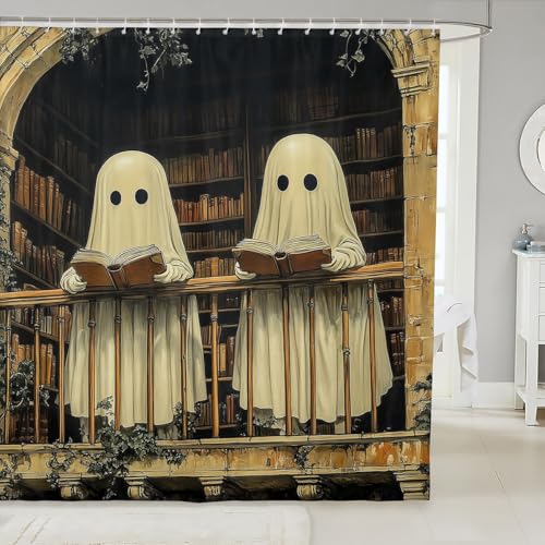 Ghost Reading Polyester Shower Curtains,Vintage Brown Bookshelf Magical Books Bath Curtain,Halloween Ghost Retro European Style Bathroom with 12 Hooks for Bathtub,72" Long