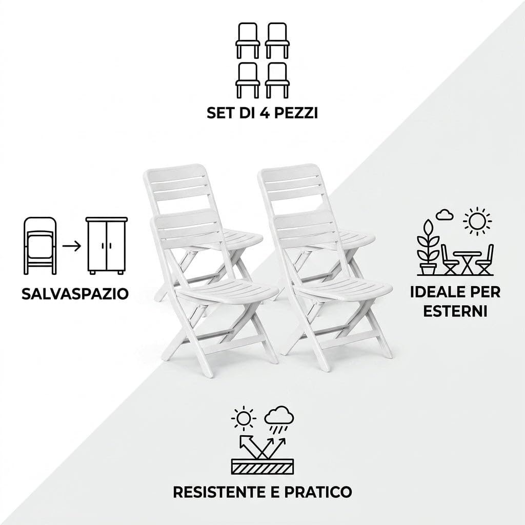HEMAX Set 4 Sedie Pieghevoli Plastica Bianca Giardino Salvaspazio Gardenia | Sedute Richiudibili da Esterno Terrazzo Balcone Mobili per Eventi Catering Leggere e Resistenti Facili da Pulire Comode Casa