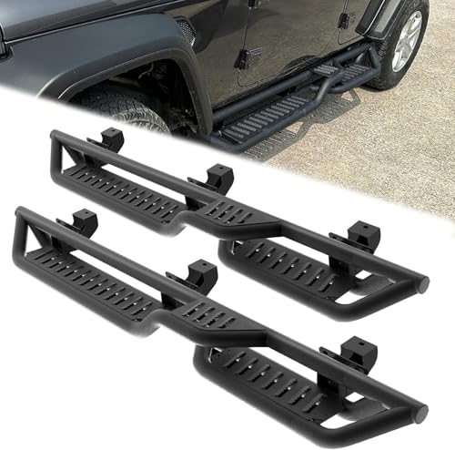 Peforway 4 Doors Running Boards Fit for Jeep Wrangler JK 2007-2018, 2-Stairs 5 Inches Width Heavy-Duty Steel Off Road Rock Sliders Rocker Guards Side Steps Anti-Slip Textured Black
