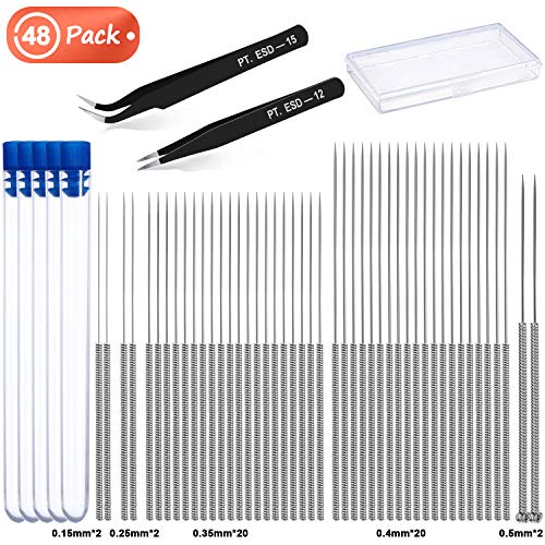 48 Pieces 3D Printer Nozzle Cleaning Kit, Include 46 Pieces Stainless Steel Nozzle Cleaning Needles and 2 Pieces Precision Tweezers with Clear Storage Box