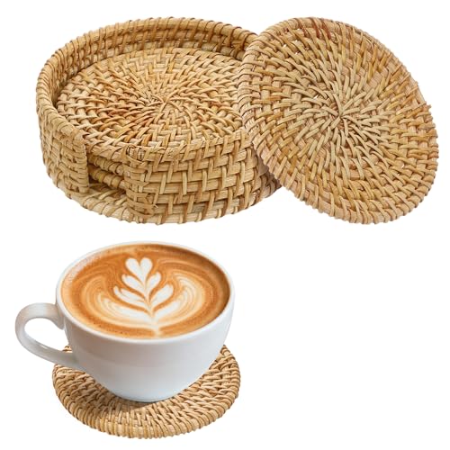 Image of 4Pcs Handmade Natural Rattan Coasters Set with Holder, Boho Coastal Decor | Farmhouse Aesthetic Drink Coasters, Home Kitchen Beach Decor, Housewarming Gifts