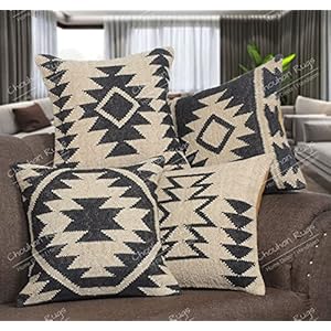 Chouhan Rugs 4 PCS Set of Indian Vintage Jute Kilim Cushion Cover Decorative Rug Pillow Dorm Décor Rug Boho Shams