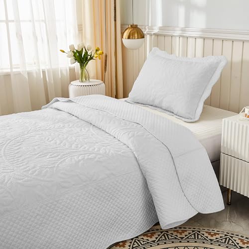 MarCielo 3-Piece 100% Cotton Oversized Bedspread Lightweight Quilt Coverlet Embroidery Farmhouse Bedding Set T0 (Bright White, Twin (68"x86"))