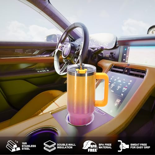 Image of 40 oz Shiny Tumbler with Handle and Straw,Stainless Steel Tumbler with Lid and Straw,Insulated Travel Mug(Cold for 34 Hours),Water Bottle for Iced Tea,Coffee (Yellow)