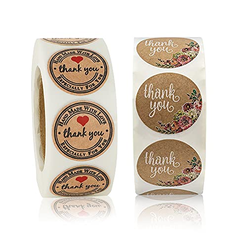 1000 pegatinas de agradecimiento redondas en kraft, hechas a mano con amor y con un corazón rojo, 500 etiquetas adhesivas por rollo (2 rollos) Cover