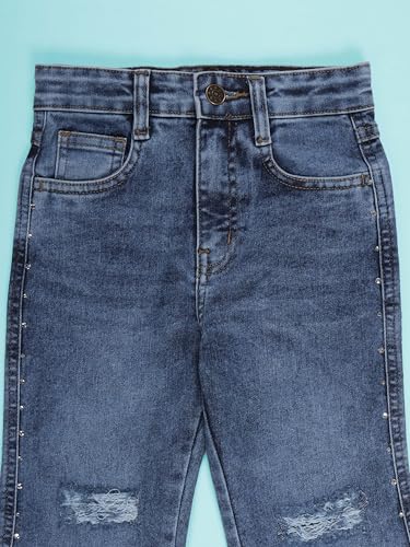Image of KiddoPanti Girls Bottom Flared Knee Distress Stretchable Denim Jeans with Adjustable Elastic Waist