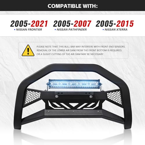 Image of for Frontier Bull Bar Front Brush Guard with LED Light Bar & License Plate Frame Compatible with 2005-2021 Nissan Frontier, Truck Guard Grille Bumper Push Bar (Include Light Mount & Skid Plate)