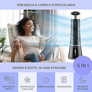 Klarstein Condizionatore Portatile Senza Tubo 55W, 5in1, Umidificatore, Climatizzatore Portatile Silenzioso con Night Mode, Ventilatore Aria Fredda, Raffrescatore d’Aria 180m³/h, Serbatoio da 6L