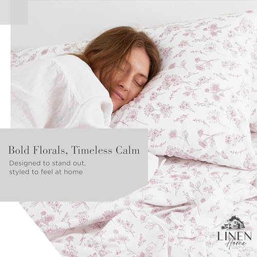 Image of Linen Home 100% Cotton Printed Percale Sheet Set King Size - 4 Piece Deep Pocket Floral Bedding, Crisp Cool & Breathable, Fade-Resistant Design, Hotel Luxury, Long-Staple Combed Cotton, Grey Botanical