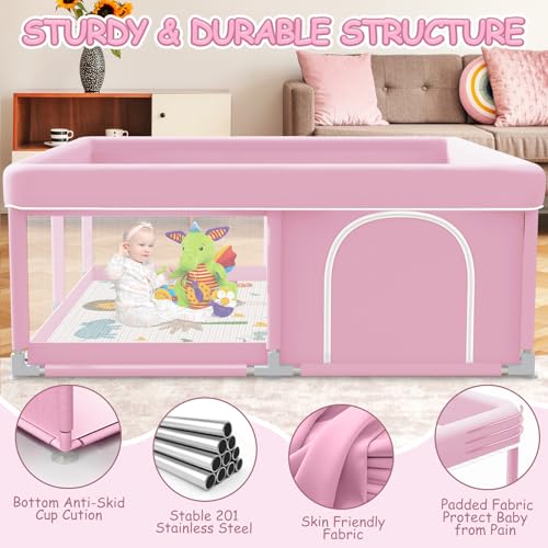 Image of XVISHX Baby Playpen with Mat, 50 x 50 Inch Playpen for Babies and Toddlers, Baby Playard for Indoor & Outdoor Active Center Game Fence, with Skin-Friendly Fabric and Soft Breathable Mesh, Pink