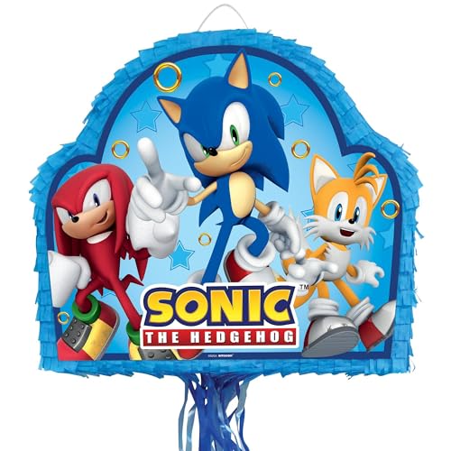 Party City Sonic the Hedgehog Pull String Pinata, Party Supplies, 2 lbs. Capacity, 19.2” W x 3” D x 16.75” H