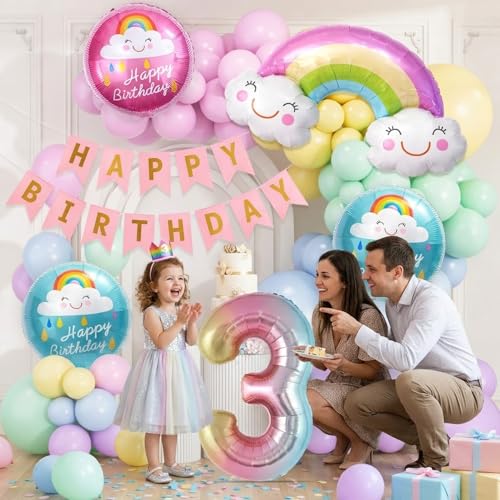 Image of 3rd Birthday Decoration Kit with Number 3 Foil Balloon, Rainbow Theme Birthday Decoration for Baby Girl and Baby Boy for Third Year Party Decor Set of 59 Pcs