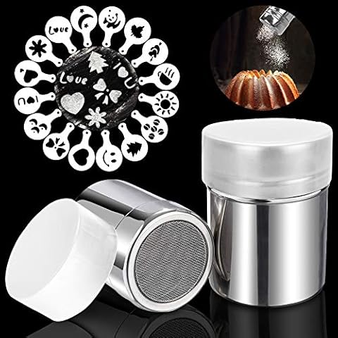 Sinwind Chocolate Shaker Duster, 2 Pack Stainless Steel Powder Shaker Coffee Cocoa Dredges with Fine-Mesh Lid, Power Can For Baking Cooking Home Restaurant with 24 Pcs Printing Molds Stencils Cover