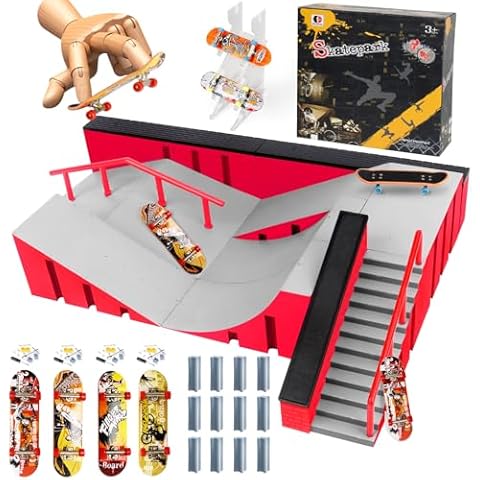 KETIEE Finger Skateboard Ramp Set, 7 in 1 Fingerboard Ramps Skate Park Kit, Finger Toy with 7 Skatepark Deck Ramps 4 Finger Skateboards & Display Holder Half Pipe Skate Game Starter Training Props Cover