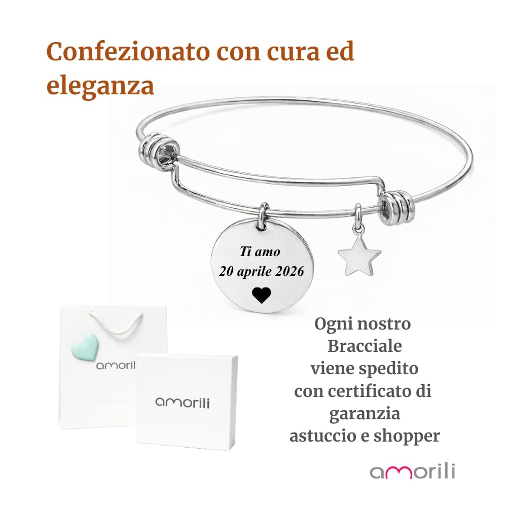 Bracciale Donna Personalizzato Personalizzabile con Incisione in Acciaio Inox Rigido – Incisione Nome Data Frase – Ciondolo Stella Stellina – Idea Regalo Elegante