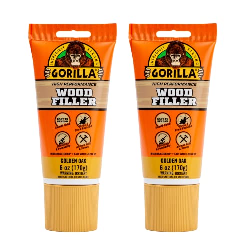 Gorilla All Purpose Wood Filler, Golden Oak Color, 6 Ounce Tube (Pack of 2) - Water Resistant for Indoor or Outdoor Projects and Repairs