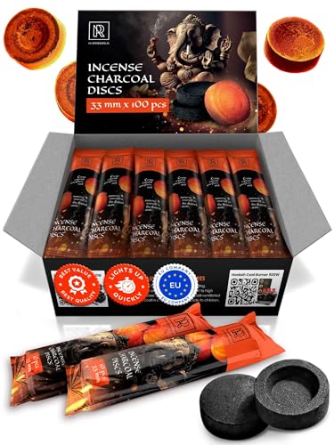Charcoal Discs to Burn Incense - 100 pcs Charcoal for Incense Burning - 33 mm Most Quick Light Coals Tablets by M. ROSENFELD - 33 mm Resin Burner Rolls Pack of 100 Instant Fire Coal Tablets