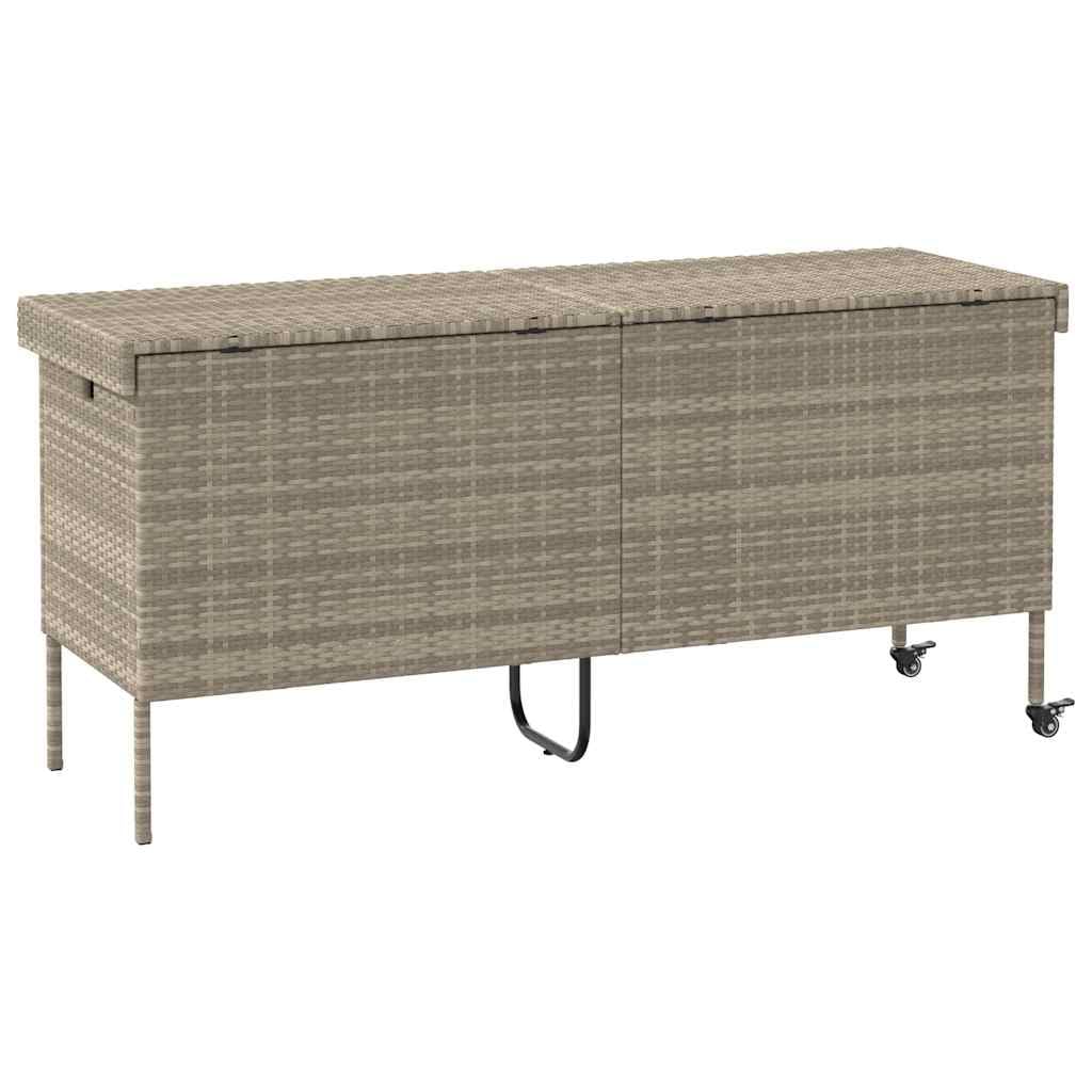 Caja de almacenamiento de resina trenzada gris claro con ruedas y frenos, caja de almacenamiento para cojines exteriores, marco de acero recubierto de polvo, tapa de resorte de gas, bolsa