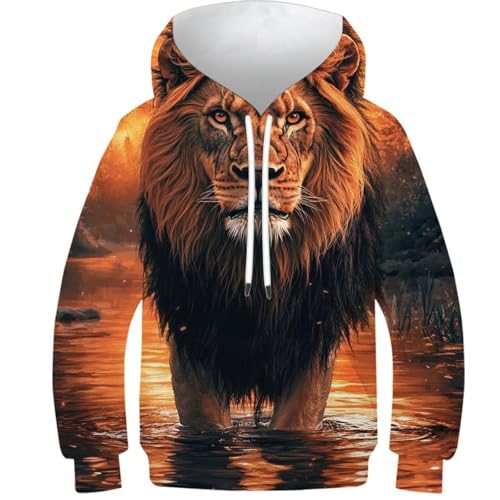 Sweat à capuche enfant lion imprimé 3D pour garçon et fille de 9 à 11 ans avec poches