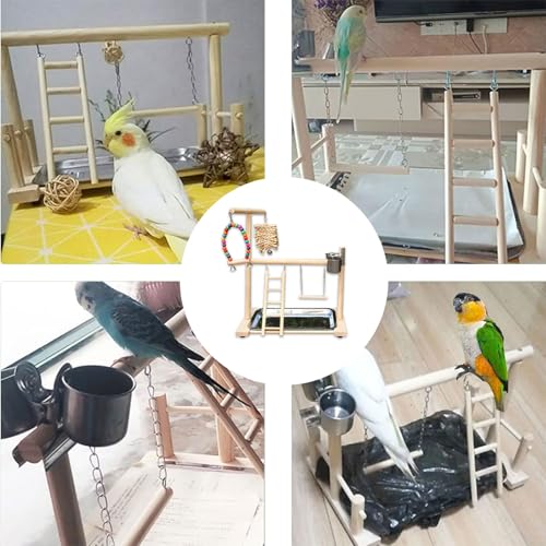 Image of Bird Stand, Natural Wood, Parrot Playground with Removable Tray & 2 Stainless Steel Feeder Cups, Suitable for Parakeet, Conure, Cockatiel, Lovebird, Canary, Lorikeet & African Grey