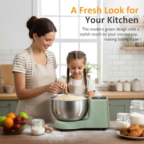 Image of Sunvivi Electric Dough Maker with Ferment Function, 5.3QT Dough Mixer with Adjust Time, Household Stand Mixer Kitchen Flour Kneading Machine, LED Touch Panel, 304 Stainless Steel Bowl, Green