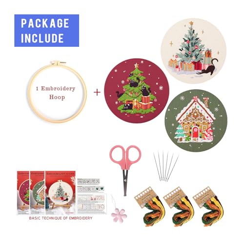 Image of LB Christmas Embroidery Kit for Beginners Adults, 3 Sets Hand Embroidery Starter Kit with Black Cat Pattern and Instructions Stamped Cross Stitch Kits Include Embroidery Hoop Needles Threads Scissors
