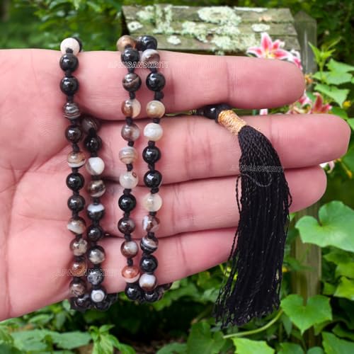 Image of Apnisanskriti Premium Sulemani Hakik Stone Mala for Men and Women (6mm, AAA Quality, Lab Certified, 108+1) - Natural Stone Beads Mala - Black & White Bands Colour - Pack of 1
