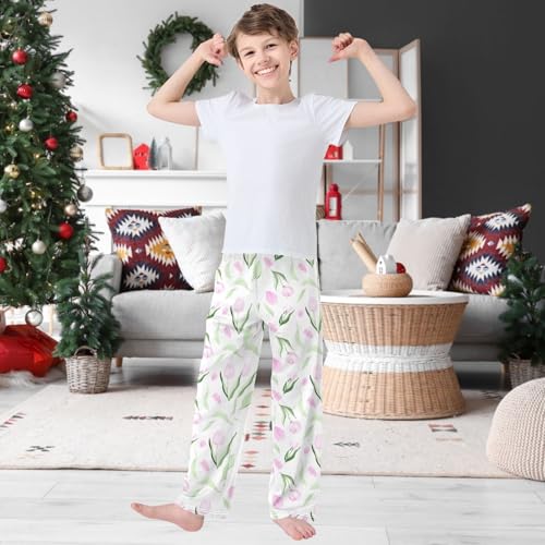 Boy's Pj Pants Watercolor Pink Tulip Lounge Bottoms Elastic Waist Kids Joggers with Pockets Size 6-142