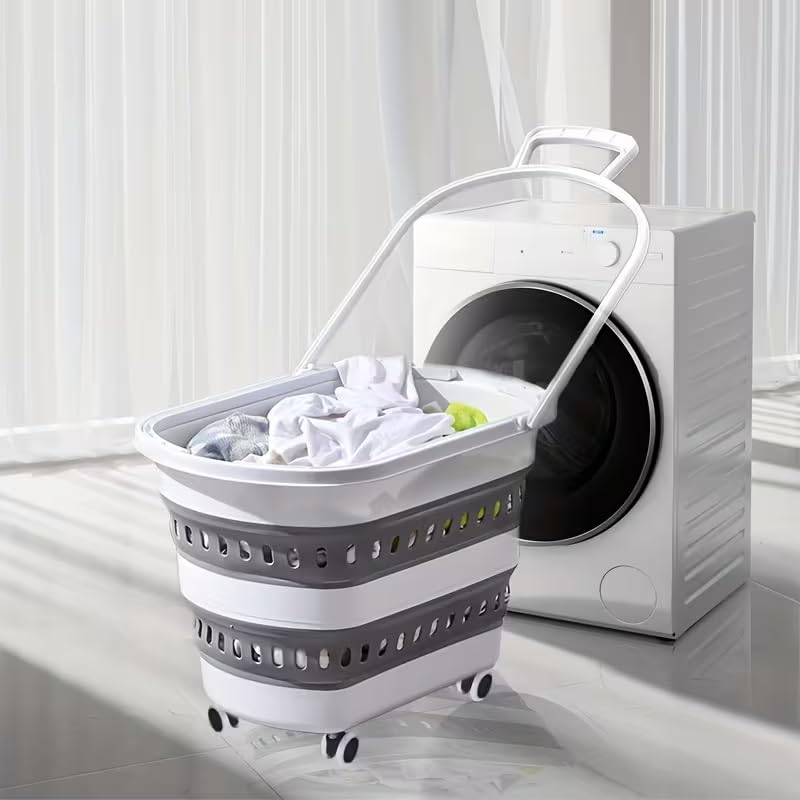 Wäschekorb, einziehbar und faltbar, mit Rollen, 45 l, Weiß / Grau