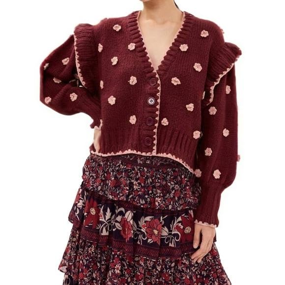 Womens Floral Cardigan Sweater Chunky Knit Drop Shoulder V Neck Button Down Embroidered Flower Cardigan Tops3