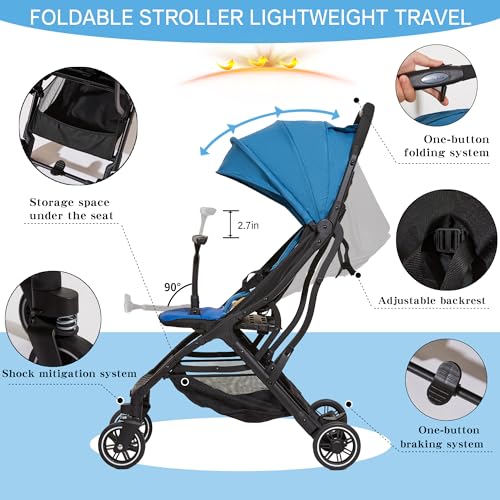 Image of Cool Kids Superb Lightweight Travel Stroller, Compact One-Hand Fold Buggy | Need an airplane approved toddler stroller? Slide folded blue cow pram like rolling luggage through airport security.