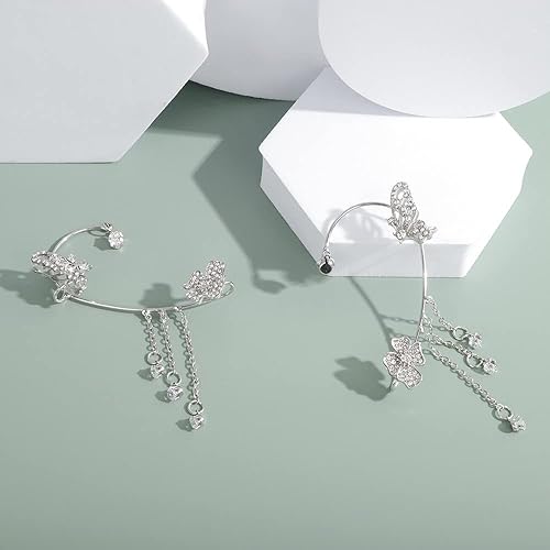 Miniatura 5 de Jumwrit Aretes colgantes de mariposa con diamantes de imitación, aretes colgantes de cadena de borlas, sin perforación, aretes de oreja de flor