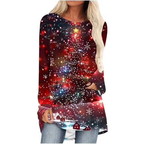 Womens Xmas Tree Graphic Shirts Oversized Crewneck Long Sleeve Glitter Tunic Blouse Casual Christmas Holiday Pullover