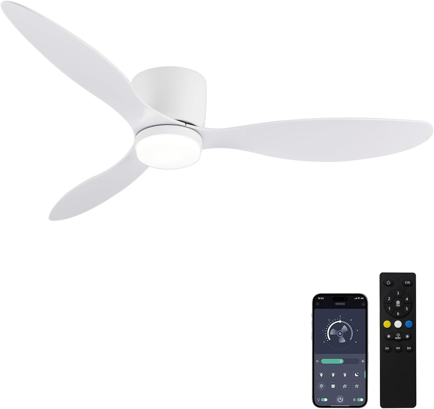 GESUM 42 Inch Ceiling Fans with Lights, Flush Mount Ceiling Fan with APP and Remote Control, Reversible, 6 Speeds, 3CCT Dimmable, White Ceiling Fan with Light for Living Room Bedroom (White)