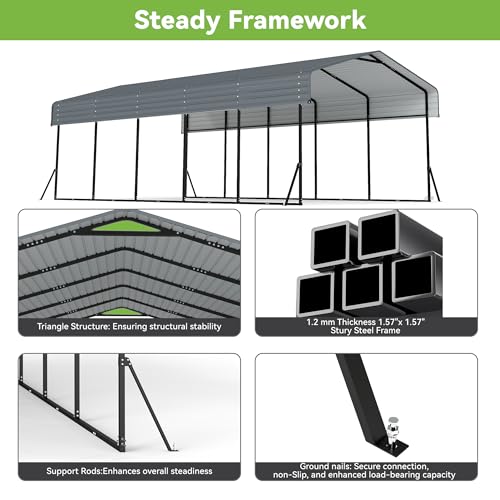 Image of Heavy Duty Metal Carport, 13x26FT Carport Canopy with Galvanized Steel Roof and Reinforced Frame, 2 Support Rods, Outdoor Garage Car Shelter Shade for Cars, Boats and Truck, Party, Gray