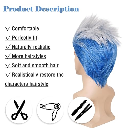 Image of Max Beauty Short Curly Cosplay Wig Men Adult Ombre Blue and White Anime Wig for Halloween + Free Cap